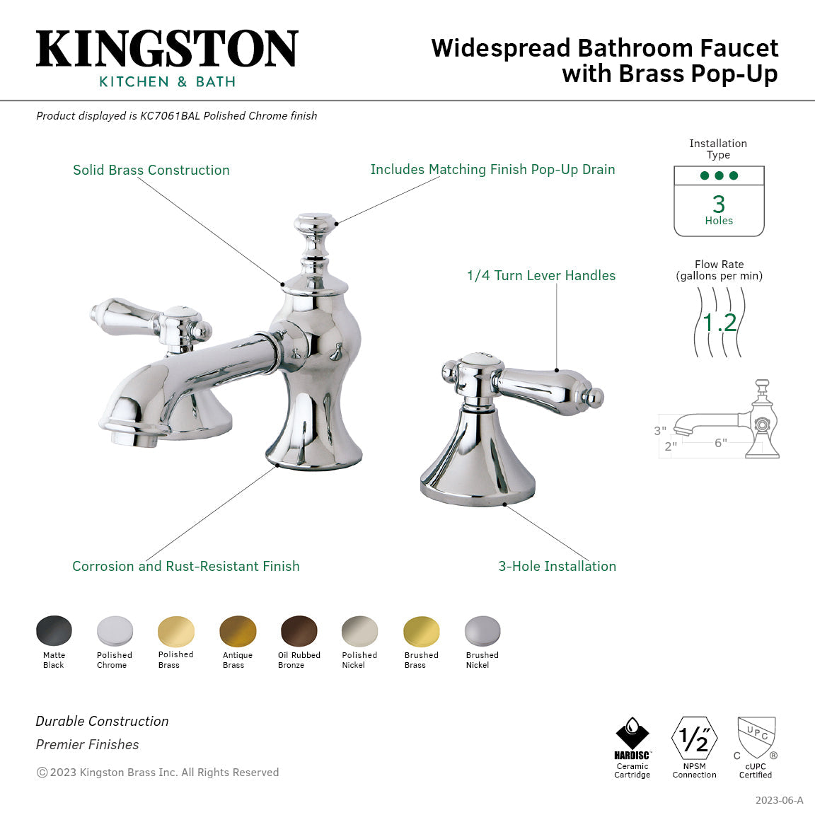 Heirloom KC7060BAL Two-Handle 3-Hole Deck Mount Widespread Bathroom Faucet with Brass Pop-Up, Matte Black