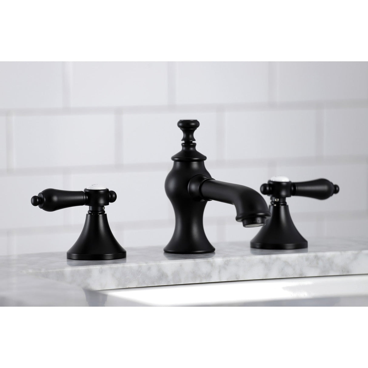 Heirloom KC7060BAL Two-Handle 3-Hole Deck Mount Widespread Bathroom Faucet with Brass Pop-Up, Matte Black