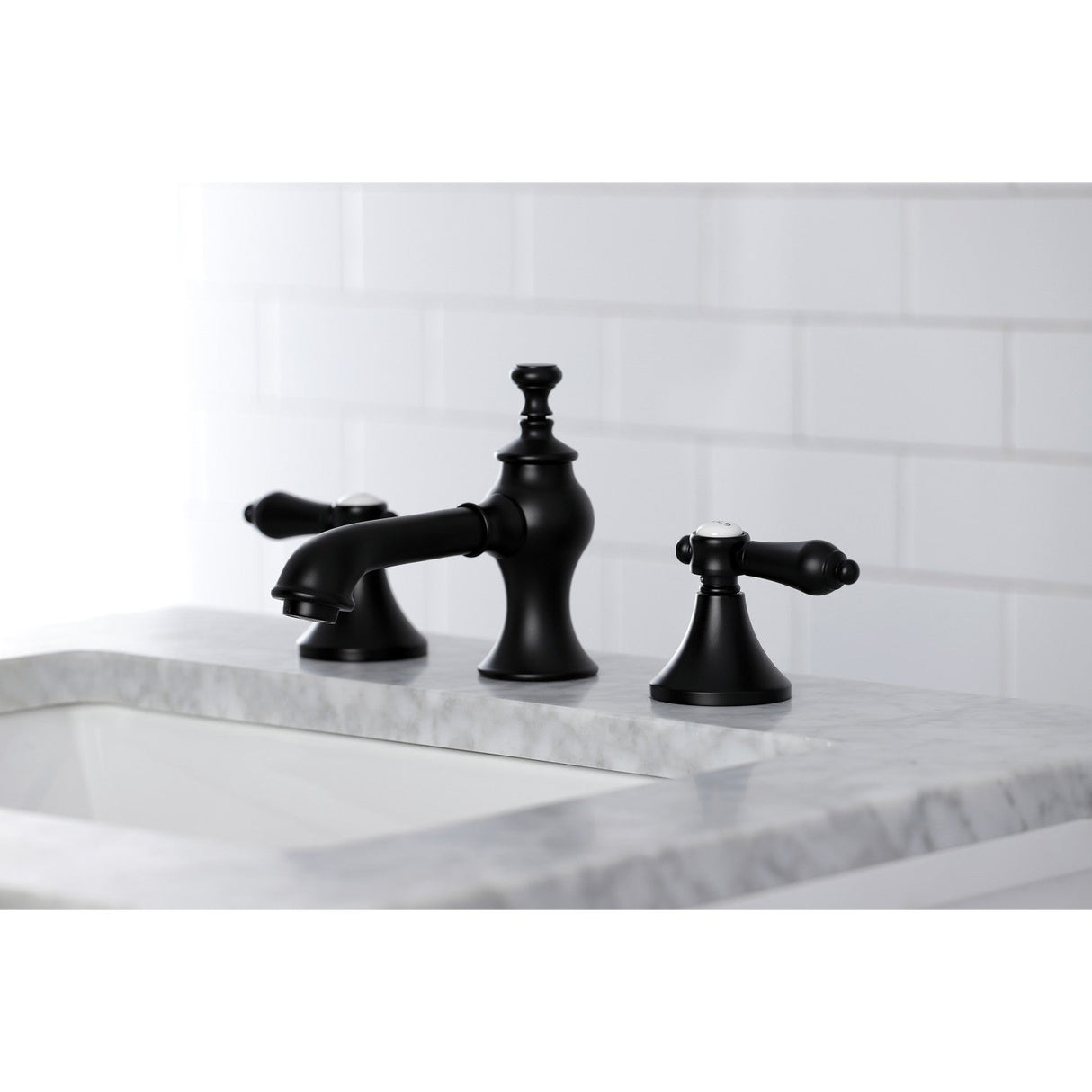 Heirloom KC7060BAL Two-Handle 3-Hole Deck Mount Widespread Bathroom Faucet with Brass Pop-Up, Matte Black