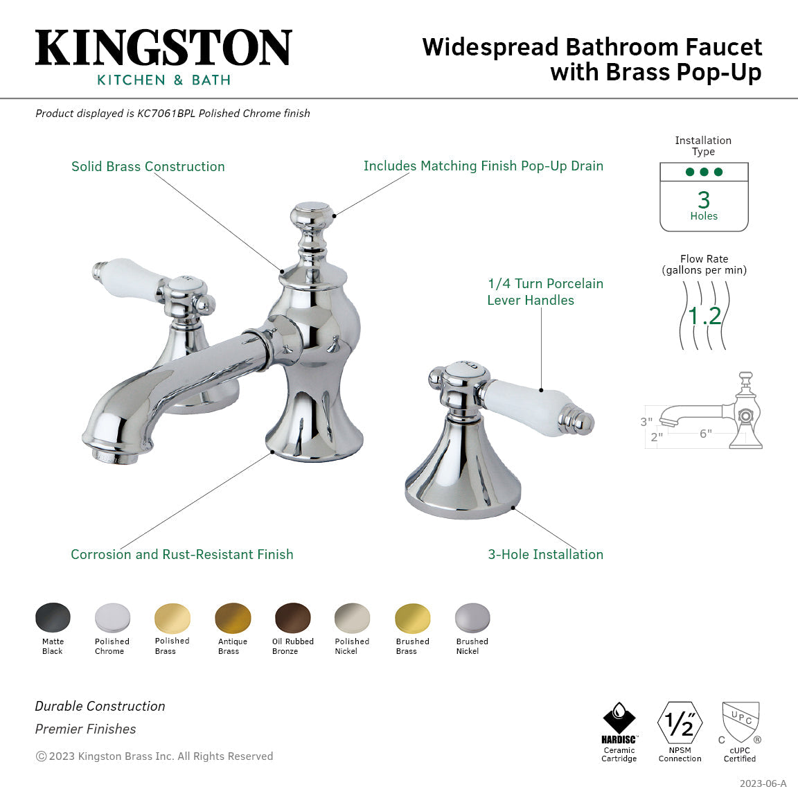 Bel-Air KC7060BPL Two-Handle 3-Hole Deck Mount Widespread Bathroom Faucet with Brass Pop-Up, Matte Black