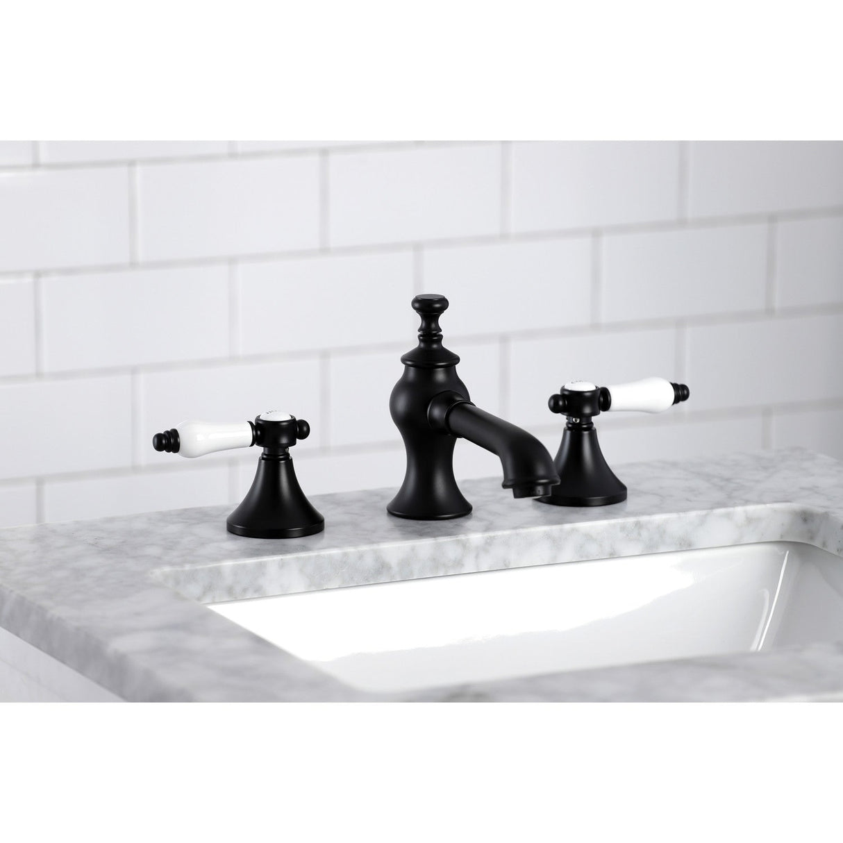 Bel-Air KC7060BPL Two-Handle 3-Hole Deck Mount Widespread Bathroom Faucet with Brass Pop-Up, Matte Black