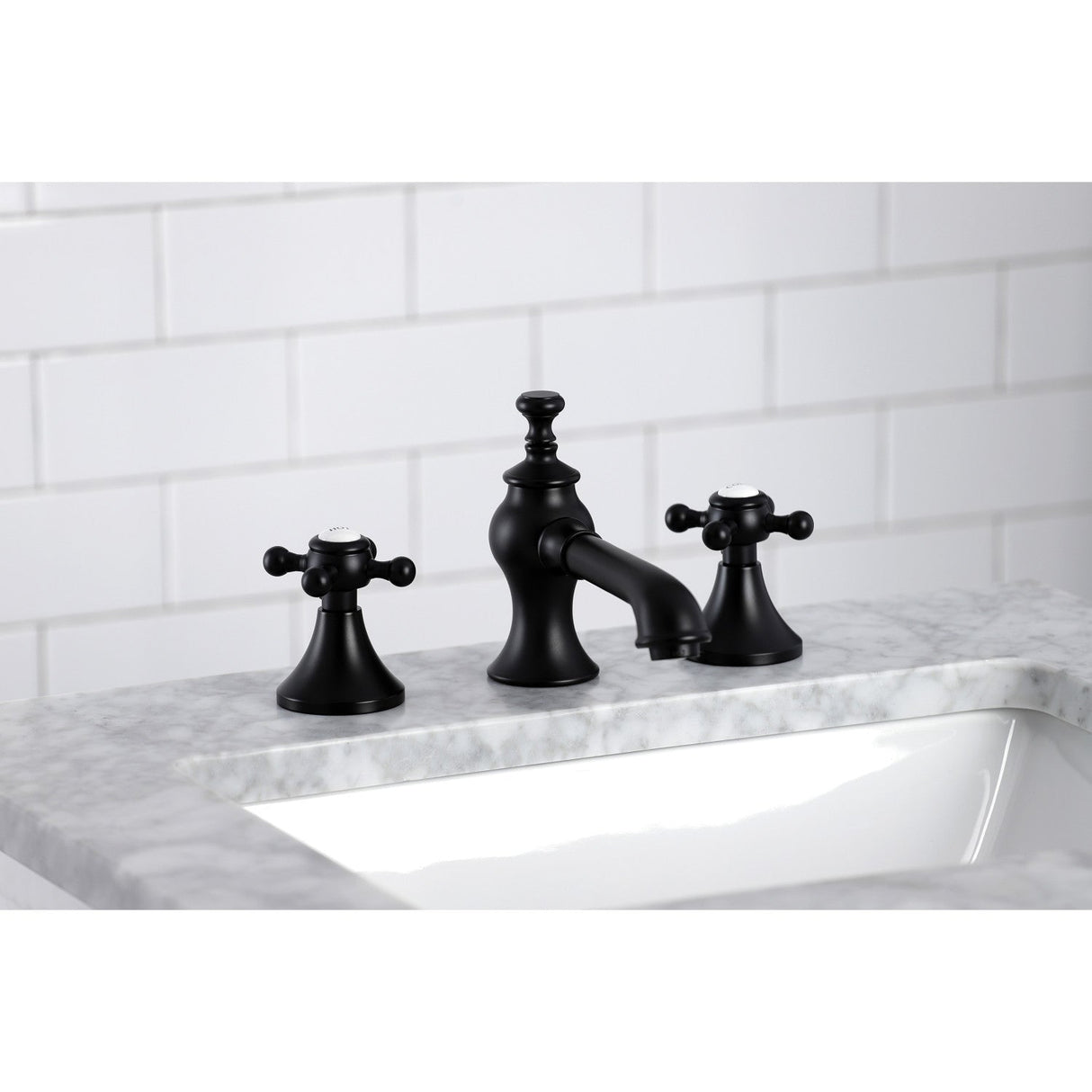 English Country KC7060BX Two-Handle 3-Hole Deck Mount Widespread Bathroom Faucet with Brass Pop-Up, Matte Black