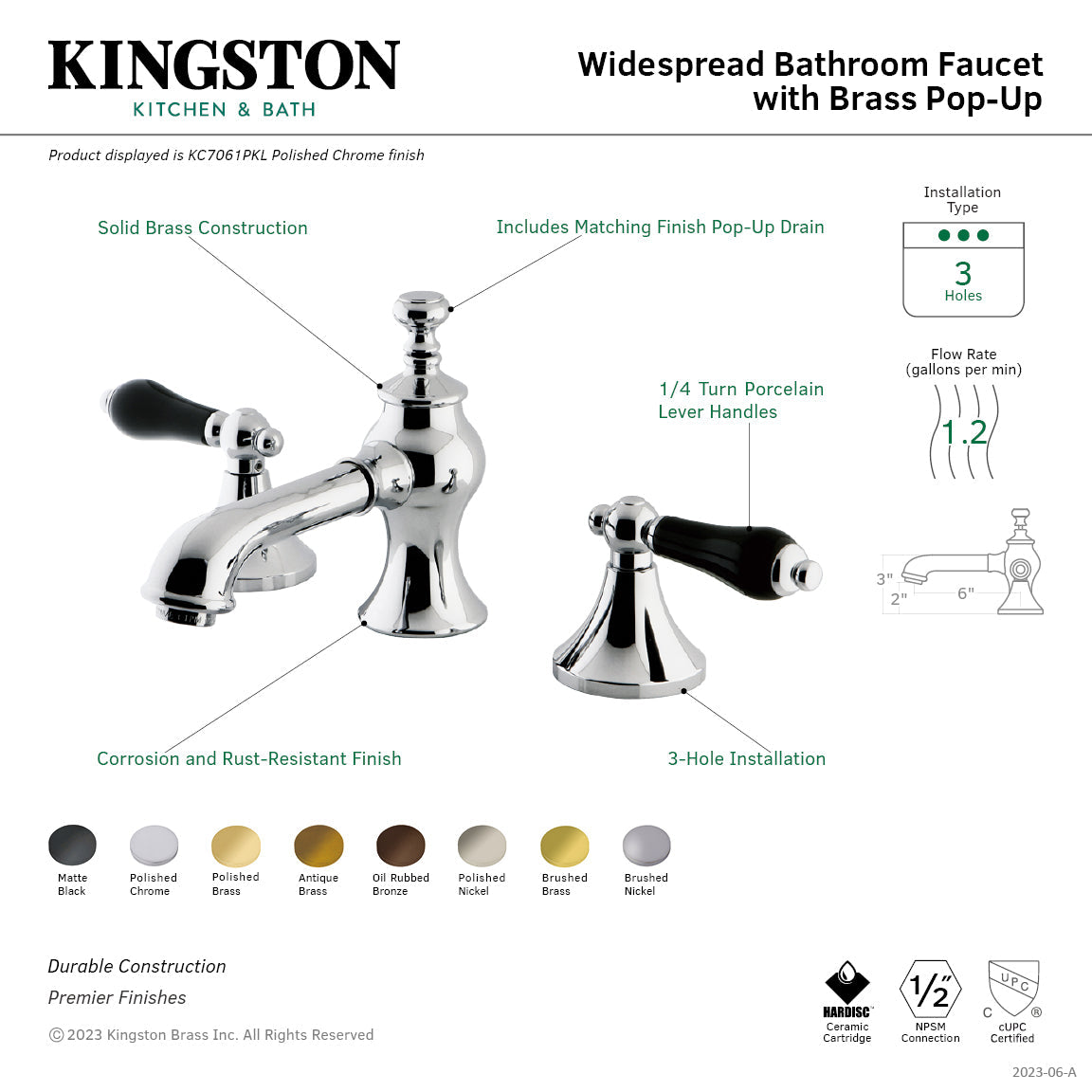 Duchess KC7060PKL Two-Handle 3-Hole Deck Mount Widespread Bathroom Faucet with Brass Pop-Up, Matte Black