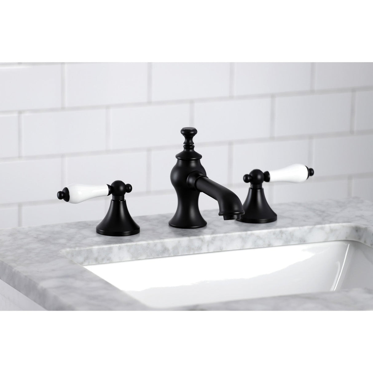 Vintage KC7060PL Two-Handle 3-Hole Deck Mount Widespread Bathroom Faucet with Brass Pop-Up, Matte Black