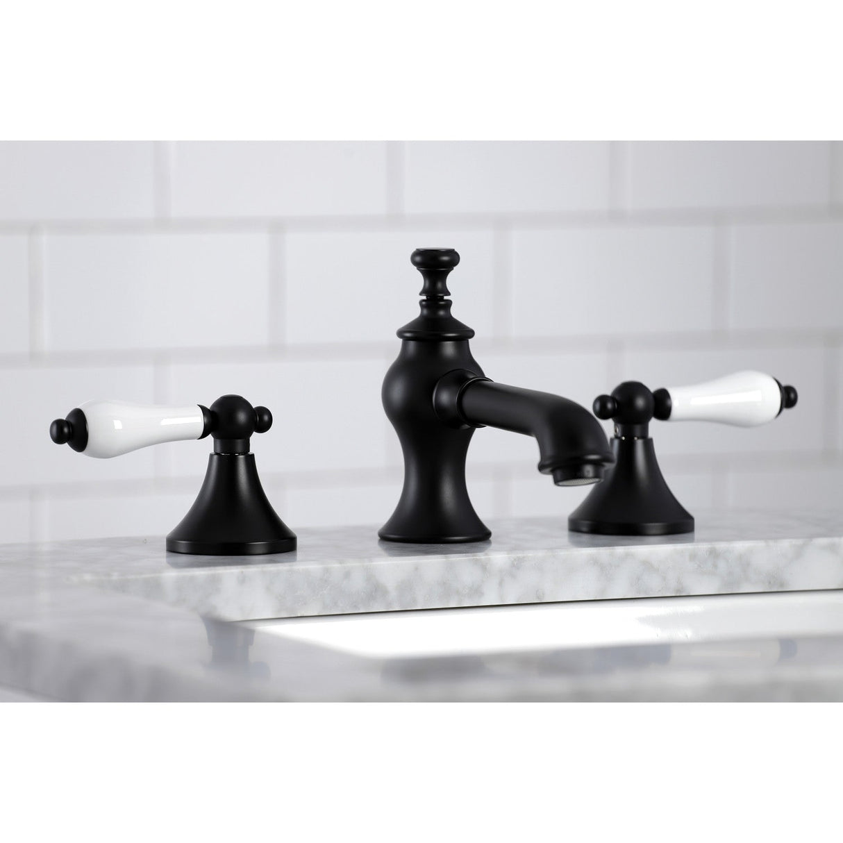 Vintage KC7060PL Two-Handle 3-Hole Deck Mount Widespread Bathroom Faucet with Brass Pop-Up, Matte Black