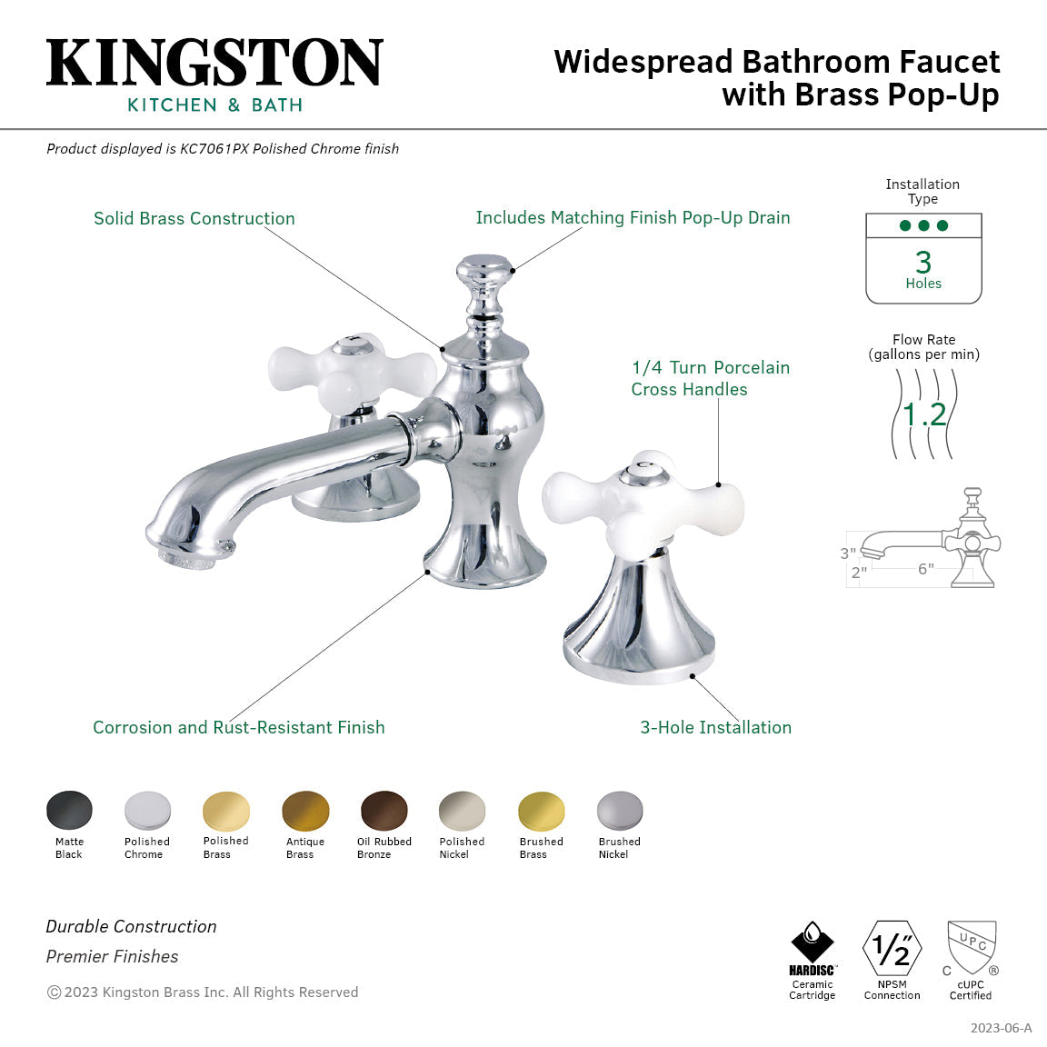 Vintage KC7060PX Two-Handle 3-Hole Deck Mount Widespread Bathroom Faucet with Brass Pop-Up, Matte Black