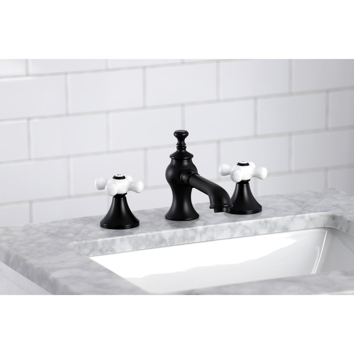 Vintage KC7060PX Two-Handle 3-Hole Deck Mount Widespread Bathroom Faucet with Brass Pop-Up, Matte Black