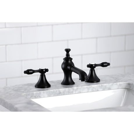 Tudor KC7060TAL Two-Handle 3-Hole Deck Mount Widespread Bathroom Faucet with Brass Pop-Up, Matte Black