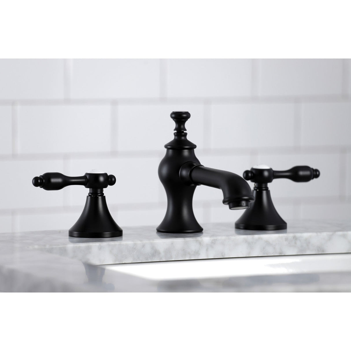 Tudor KC7060TAL Two-Handle 3-Hole Deck Mount Widespread Bathroom Faucet with Brass Pop-Up, Matte Black