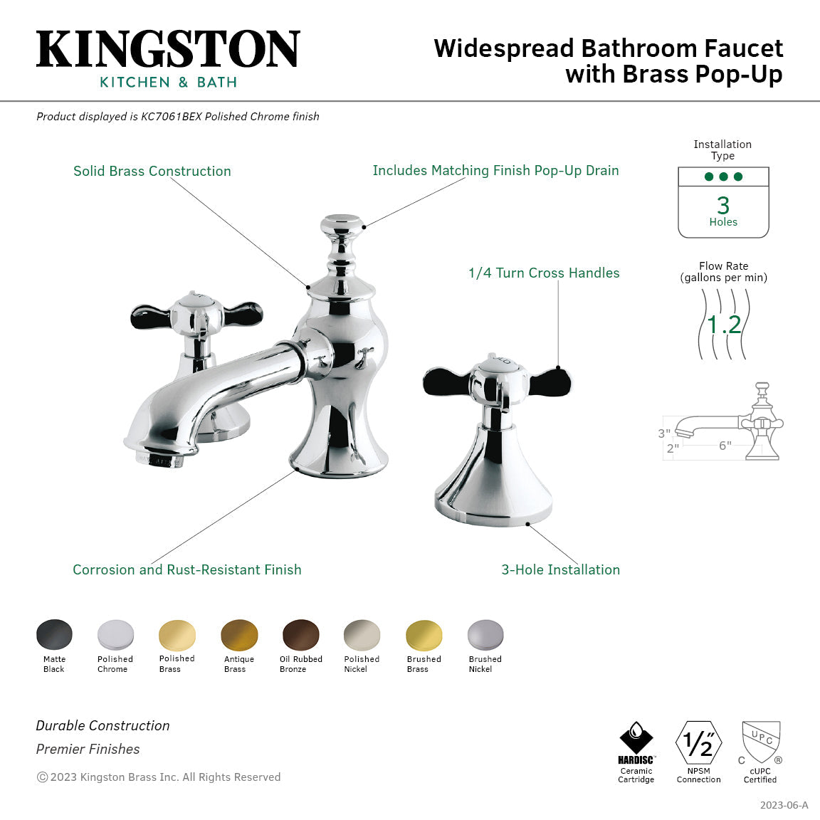 Essex KC7061BEX Two-Handle 3-Hole Deck Mount Widespread Bathroom Faucet with Brass Pop-Up, Polished Chrome