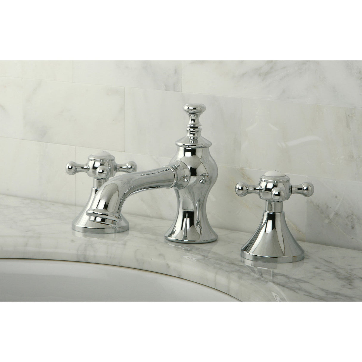 English Country KC7061BX Two-Handle 3-Hole Deck Mount Widespread Bathroom Faucet with Brass Pop-Up, Polished Chrome
