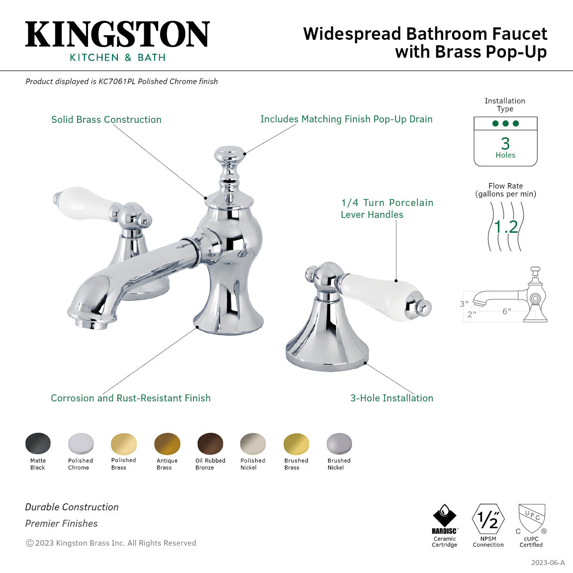 Vintage KC7061PL Two-Handle 3-Hole Deck Mount Widespread Bathroom Faucet with Brass Pop-Up, Polished Chrome