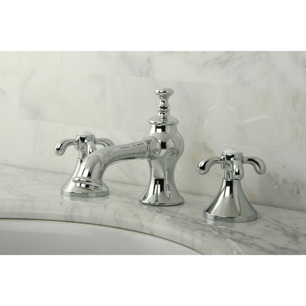 French Country KC7061TX Two-Handle 3-Hole Deck Mount Widespread Bathroom Faucet with Brass Pop-Up, Polished Chrome