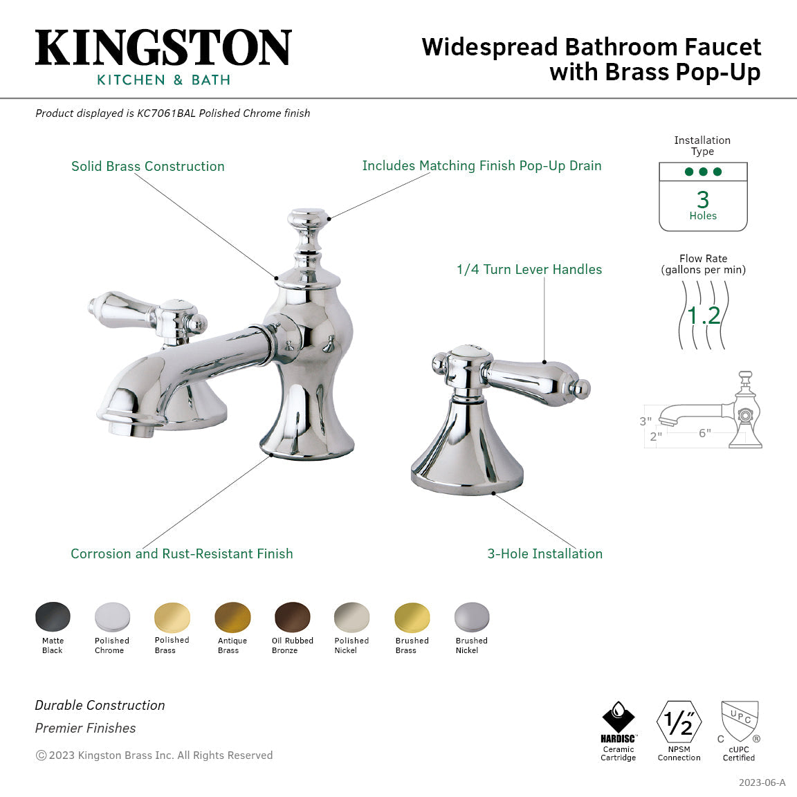 Heirloom KC7062BAL Two-Handle 3-Hole Deck Mount Widespread Bathroom Faucet with Brass Pop-Up, Polished Brass