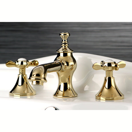 Essex KC7062BEX Two-Handle 3-Hole Deck Mount Widespread Bathroom Faucet with Brass Pop-Up, Polished Brass
