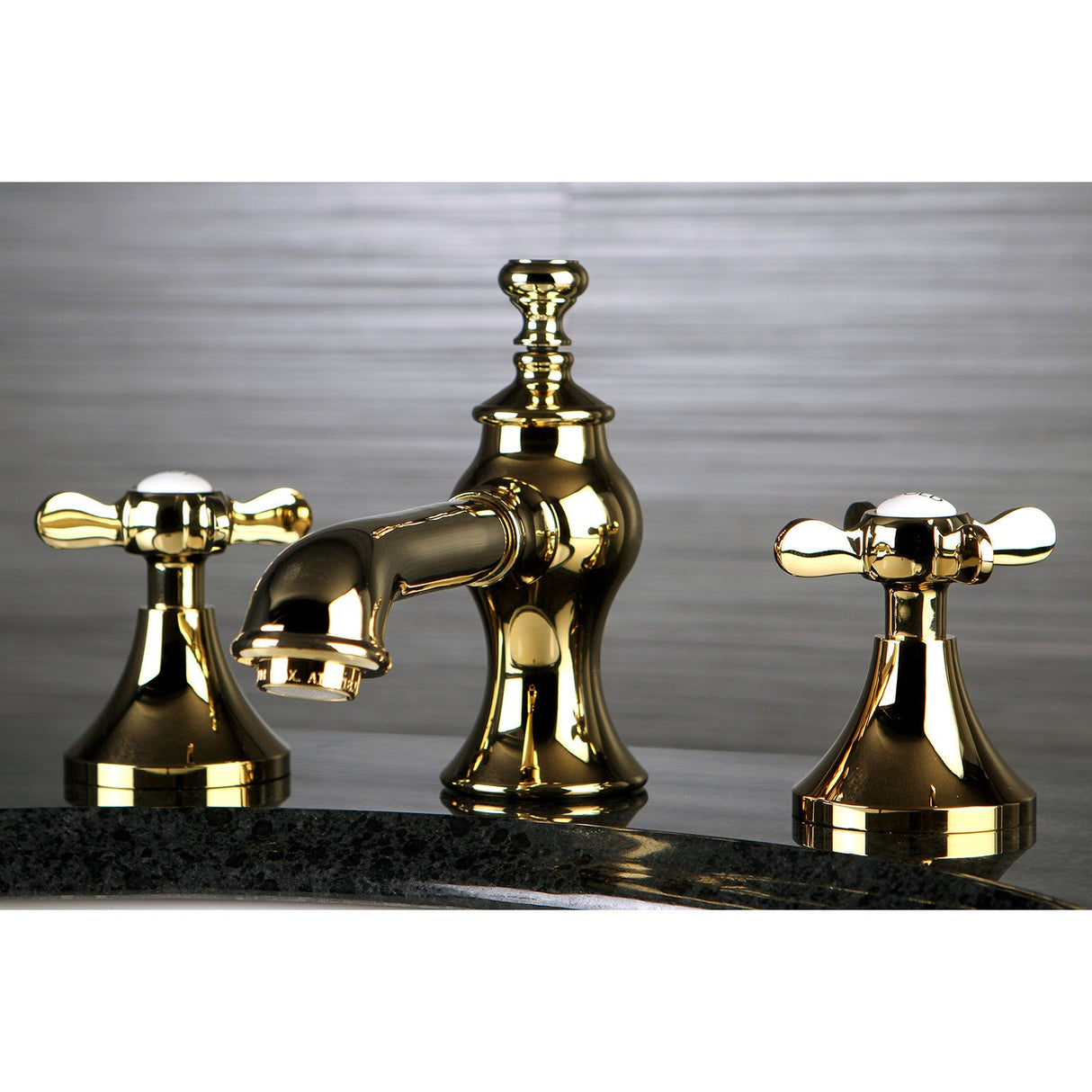 Essex KC7062BEX Two-Handle 3-Hole Deck Mount Widespread Bathroom Faucet with Brass Pop-Up, Polished Brass