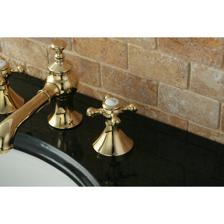 English Country KC7062BX Two-Handle 3-Hole Deck Mount Widespread Bathroom Faucet with Brass Pop-Up, Polished Brass