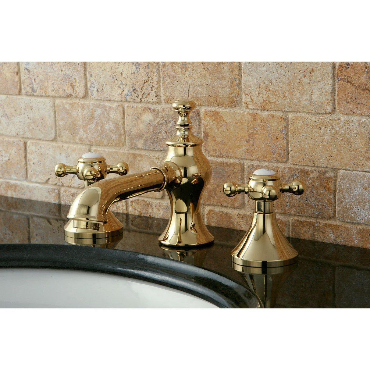 English Country KC7062BX Two-Handle 3-Hole Deck Mount Widespread Bathroom Faucet with Brass Pop-Up, Polished Brass