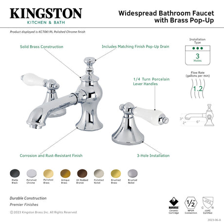 Vintage KC7062PL Two-Handle 3-Hole Deck Mount Widespread Bathroom Faucet with Brass Pop-Up, Polished Brass