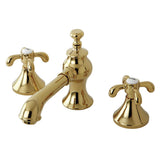 French Country KC7062TX Two-Handle 3-Hole Deck Mount Widespread Bathroom Faucet with Brass Pop-Up, Polished Brass