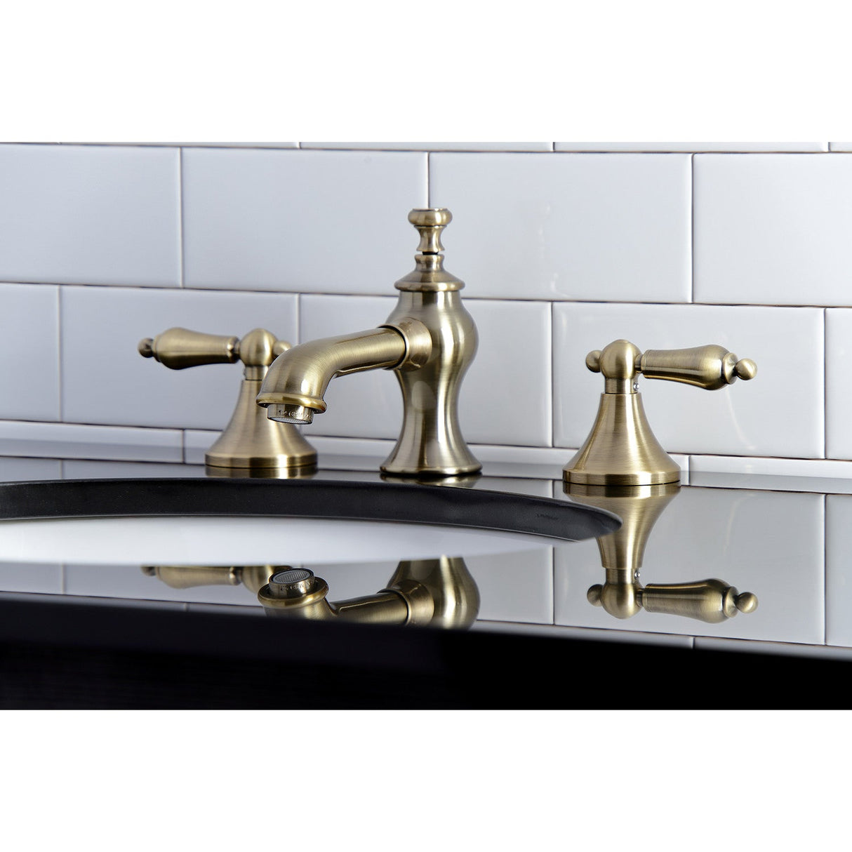 Vintage KC7063AL Two-Handle 3-Hole Deck Mount Widespread Bathroom Faucet with Brass Pop-Up, Antique Brass