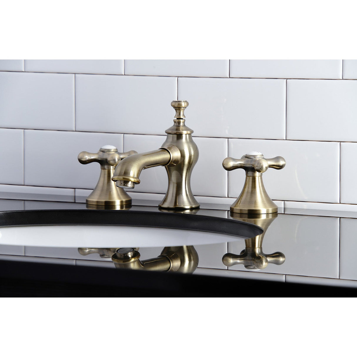 Vintage KC7063AX Two-Handle 3-Hole Deck Mount Widespread Bathroom Faucet with Brass Pop-Up, Antique Brass