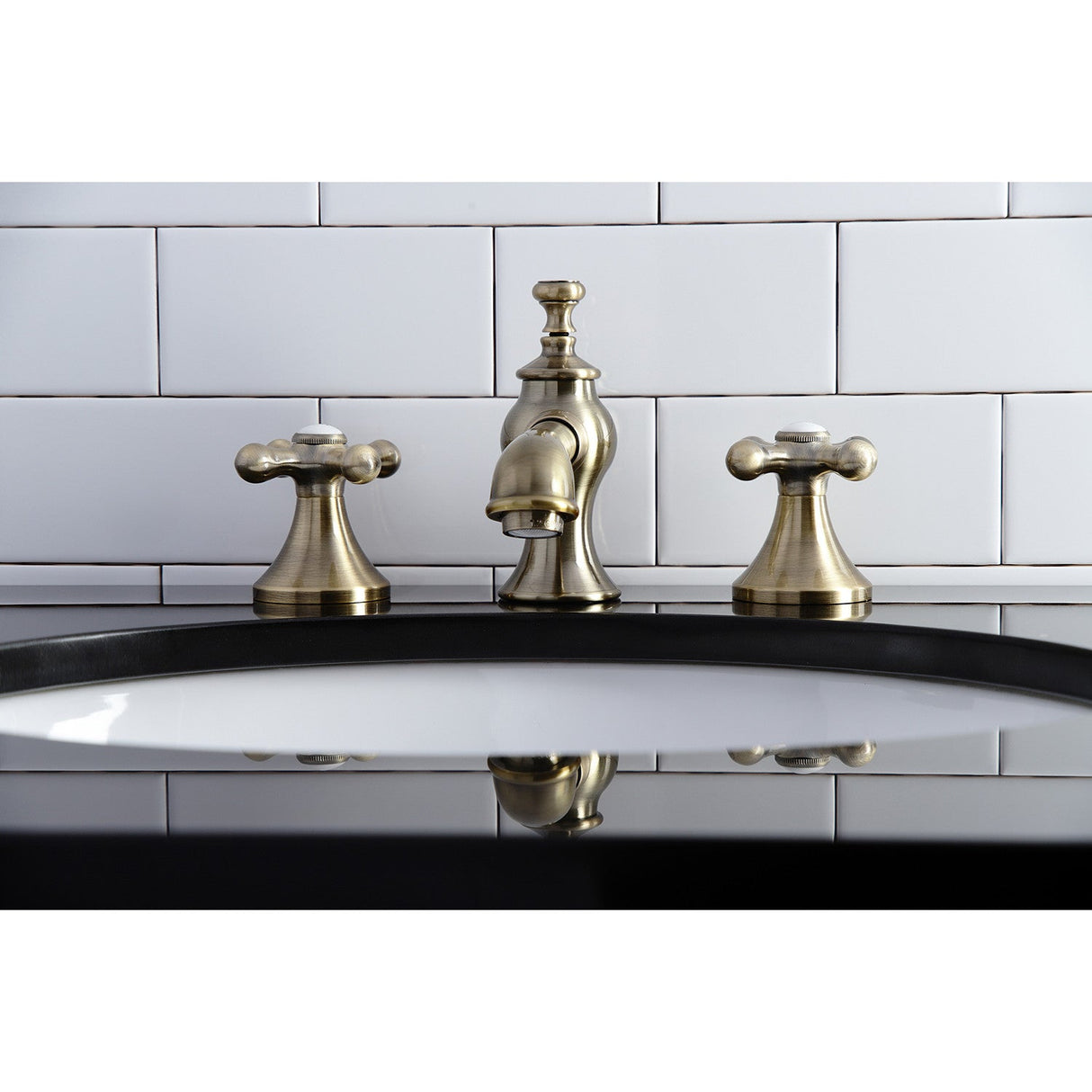 Vintage KC7063AX Two-Handle 3-Hole Deck Mount Widespread Bathroom Faucet with Brass Pop-Up, Antique Brass