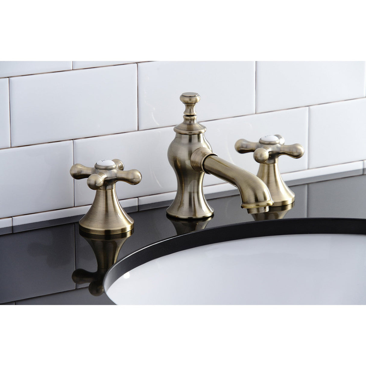 Vintage KC7063AX Two-Handle 3-Hole Deck Mount Widespread Bathroom Faucet with Brass Pop-Up, Antique Brass