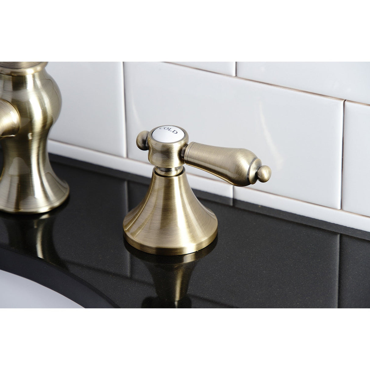 Heirloom KC7063BAL Two-Handle 3-Hole Deck Mount Widespread Bathroom Faucet with Brass Pop-Up, Antique Brass