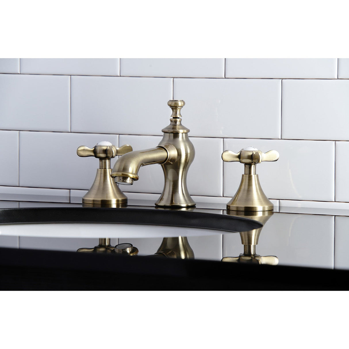 Essex KC7063BEX Two-Handle 3-Hole Deck Mount Widespread Bathroom Faucet with Brass Pop-Up, Antique Brass