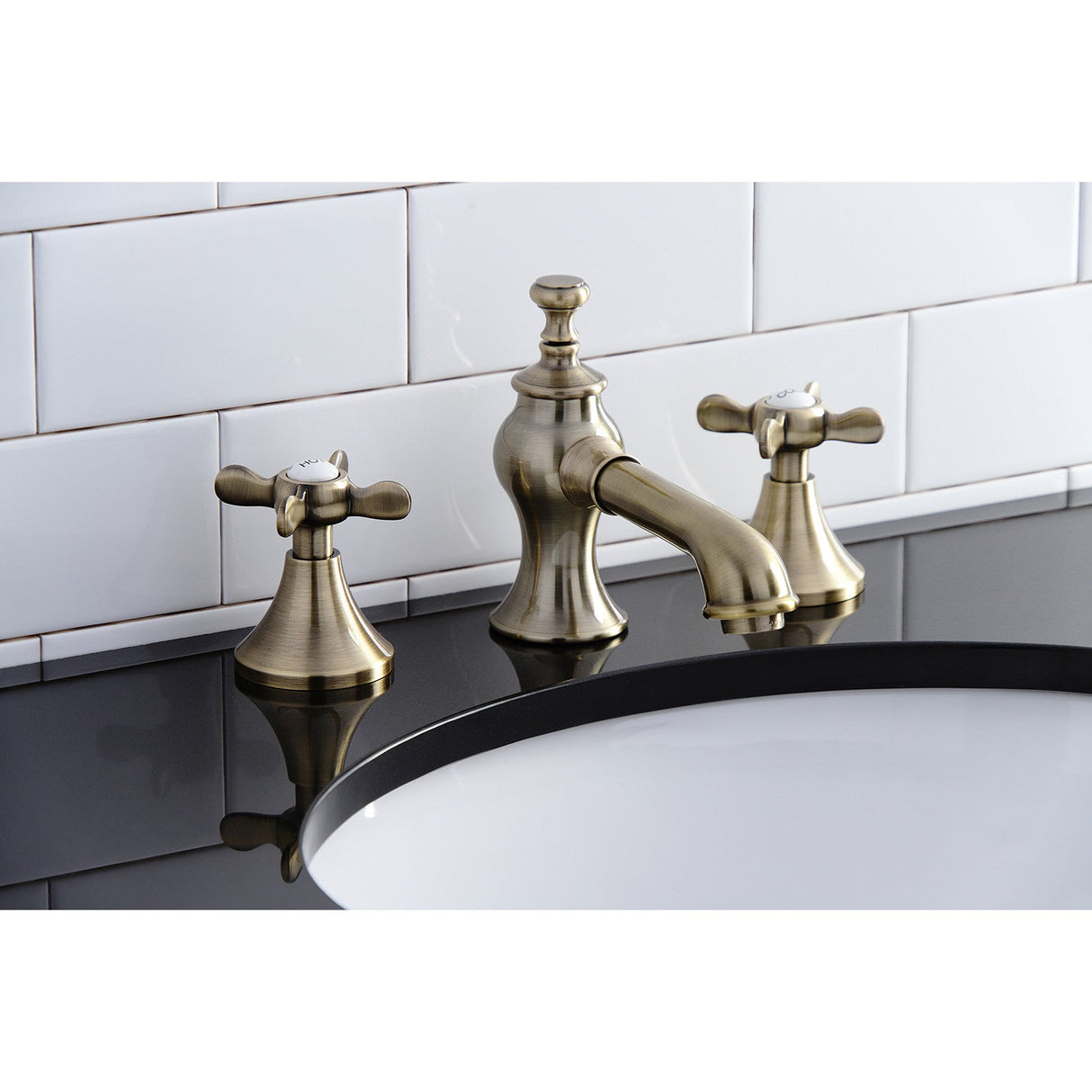 Essex KC7063BEX Two-Handle 3-Hole Deck Mount Widespread Bathroom Faucet with Brass Pop-Up, Antique Brass