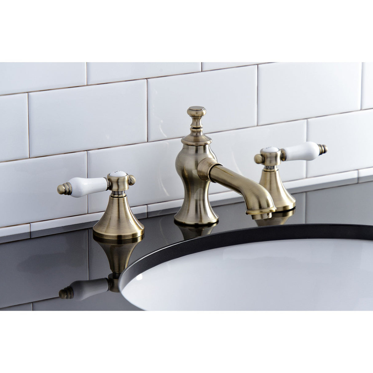 Bel-Air KC7063BPL Two-Handle 3-Hole Deck Mount Widespread Bathroom Faucet with Brass Pop-Up, Antique Brass