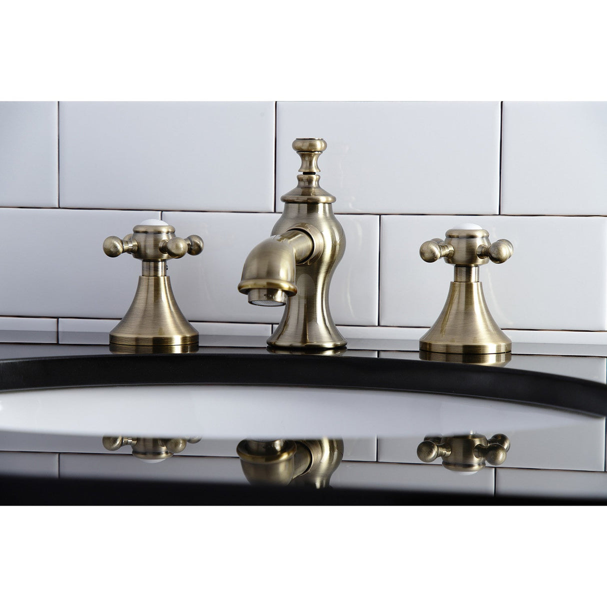 English Country KC7063BX Two-Handle 3-Hole Deck Mount Widespread Bathroom Faucet with Brass Pop-Up, Antique Brass