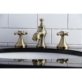 English Country KC7063BX Two-Handle 3-Hole Deck Mount Widespread Bathroom Faucet with Brass Pop-Up, Antique Brass