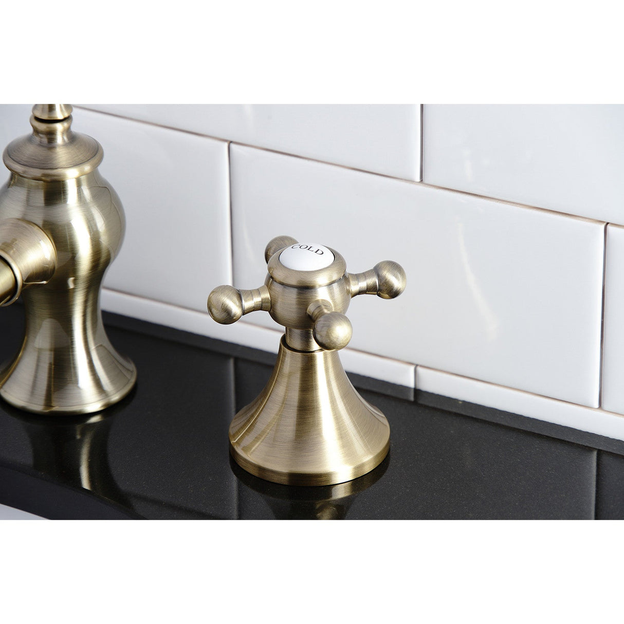 English Country KC7063BX Two-Handle 3-Hole Deck Mount Widespread Bathroom Faucet with Brass Pop-Up, Antique Brass