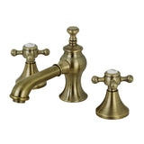 English Country KC7063BX Two-Handle 3-Hole Deck Mount Widespread Bathroom Faucet with Brass Pop-Up, Antique Brass