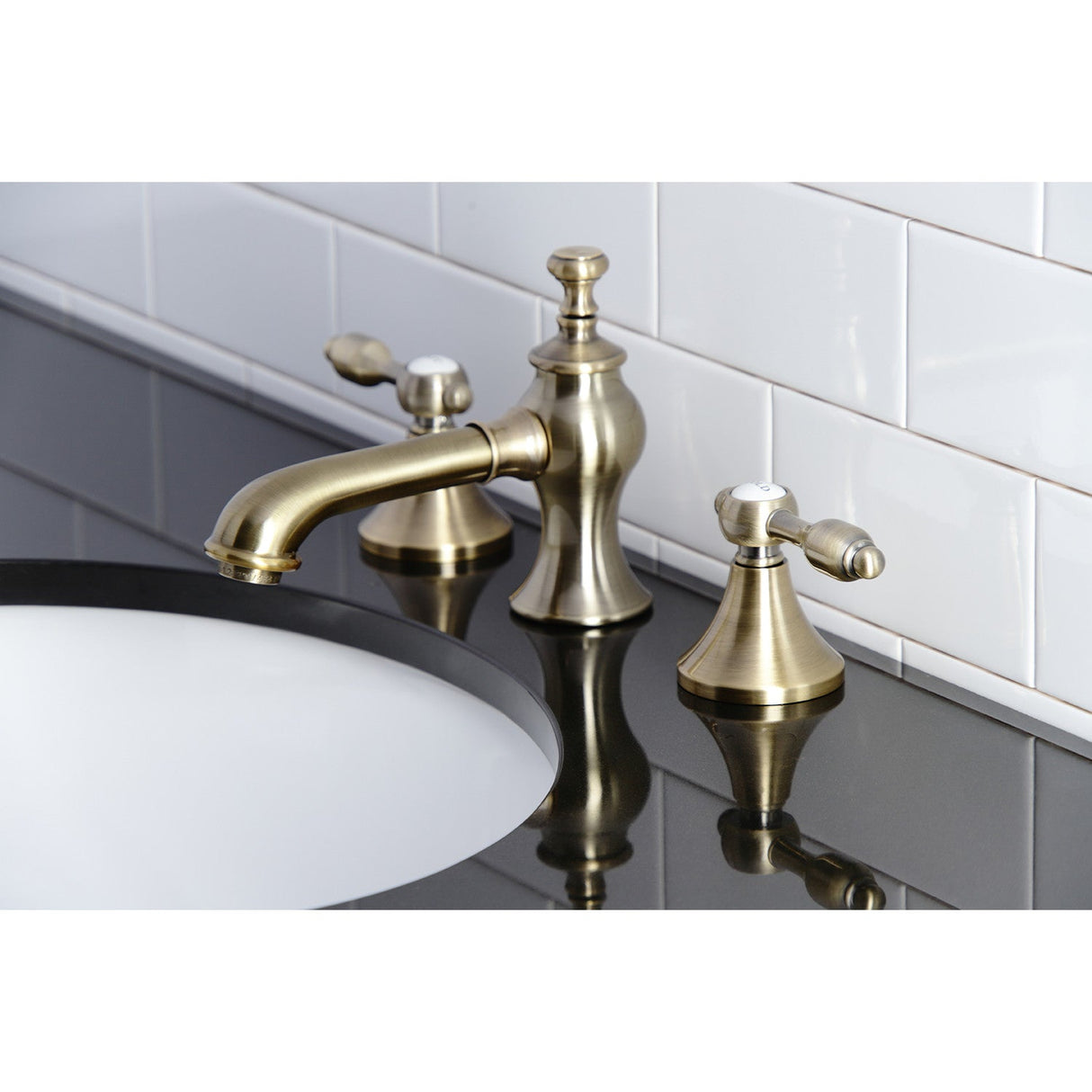 Tudor KC7063TAL Two-Handle 3-Hole Deck Mount Widespread Bathroom Faucet with Brass Pop-Up, Antique Brass