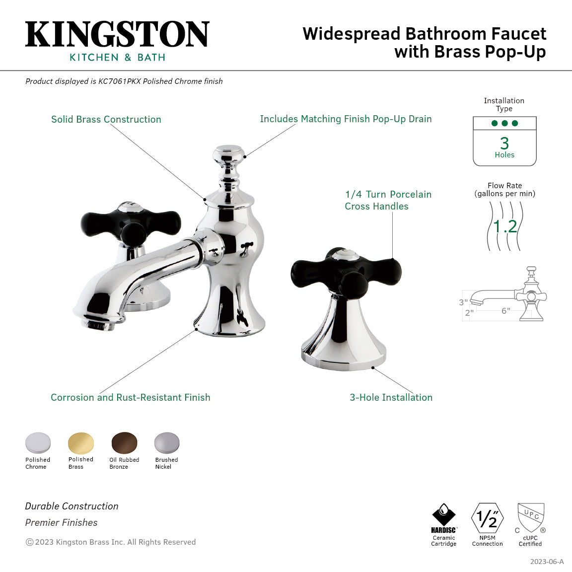 Duchess KC7065PKX Two-Handle 3-Hole Deck Mount Widespread Bathroom Faucet with Brass Pop-Up, Oil Rubbed Bronze