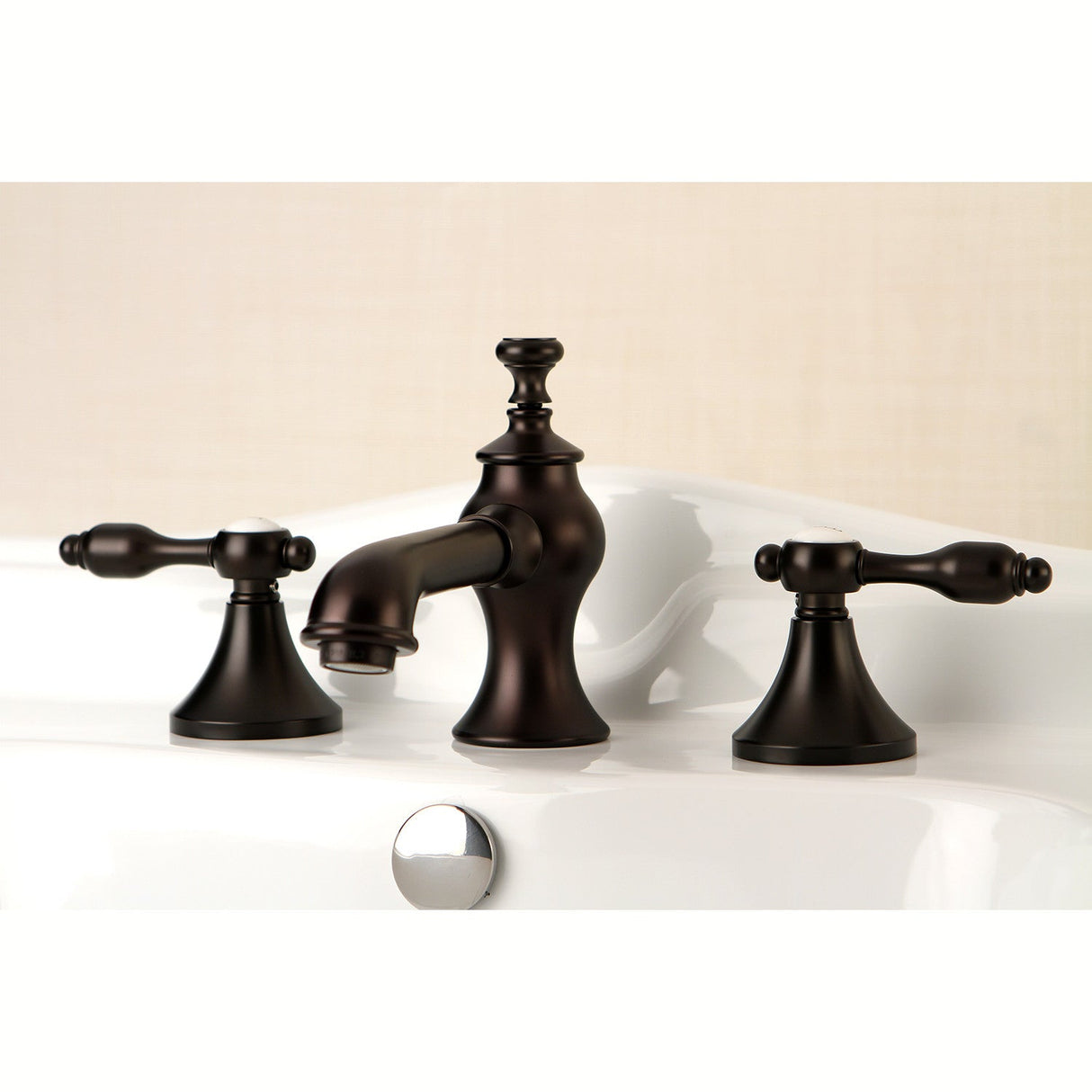 Tudor KC7065TAL Two-Handle 3-Hole Deck Mount Widespread Bathroom Faucet with Brass Pop-Up, Oil Rubbed Bronze