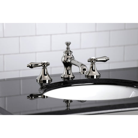 Heirloom KC7066BAL Two-Handle 3-Hole Deck Mount Widespread Bathroom Faucet with Brass Pop-Up, Polished Nickel