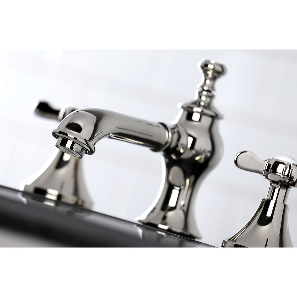 Essex KC7066BEX Two-Handle 3-Hole Deck Mount Widespread Bathroom Faucet with Brass Pop-Up, Polished Nickel