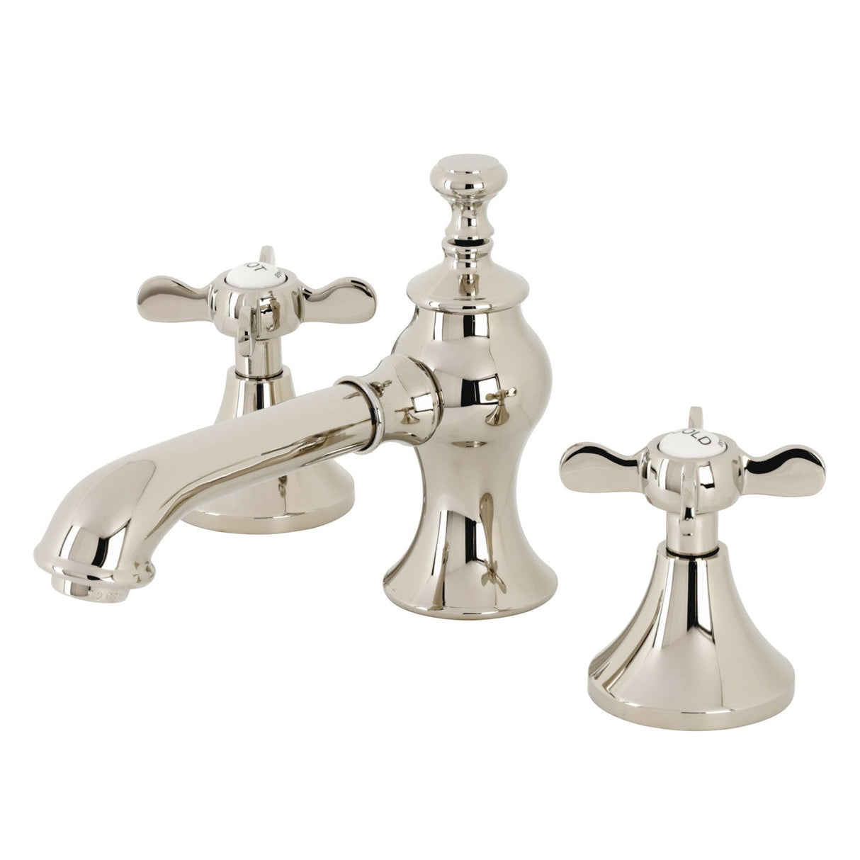 Essex KC7066BEX Two-Handle 3-Hole Deck Mount Widespread Bathroom Faucet with Brass Pop-Up, Polished Nickel