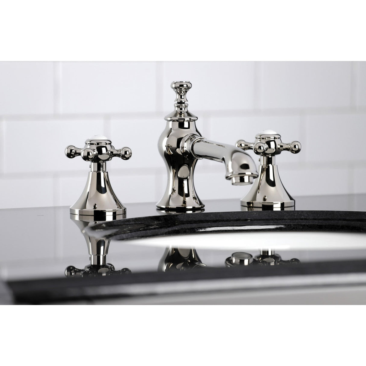 English Country KC7066BX Two-Handle 3-Hole Deck Mount Widespread Bathroom Faucet with Brass Pop-Up, Polished Nickel