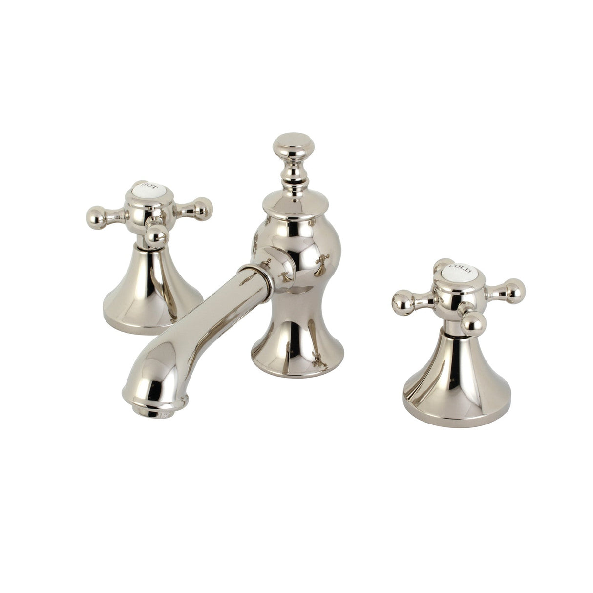 English Country KC7066BX Two-Handle 3-Hole Deck Mount Widespread Bathroom Faucet with Brass Pop-Up, Polished Nickel