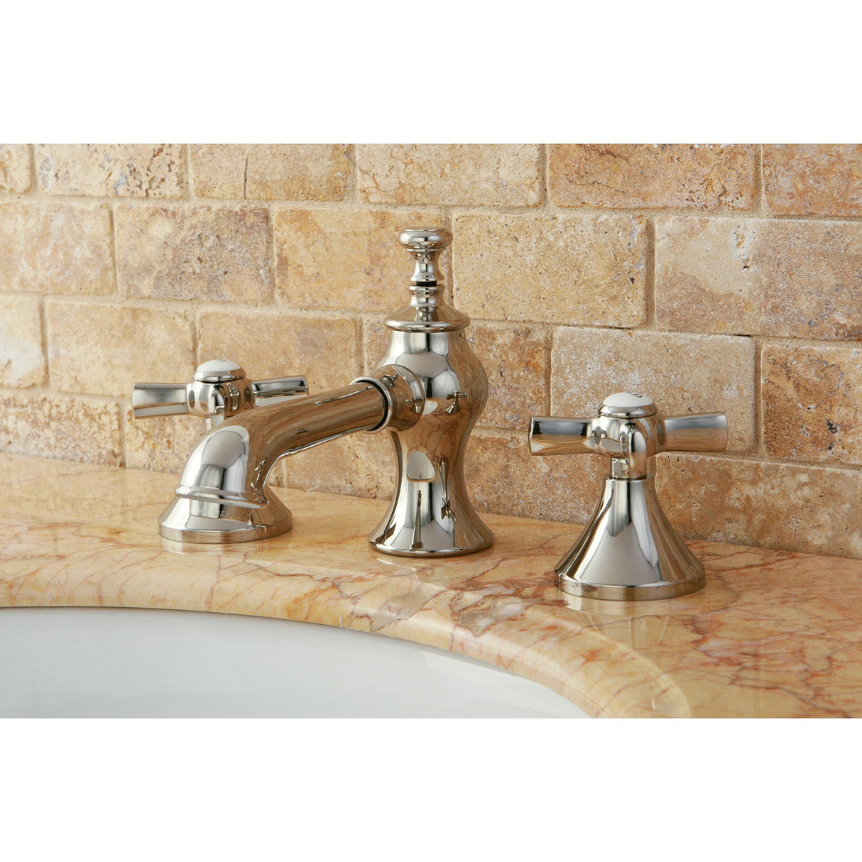 Millennium KC7066ZX Two-Handle 3-Hole Deck Mount Widespread Bathroom Faucet with Brass Pop-Up, Polished Nickel