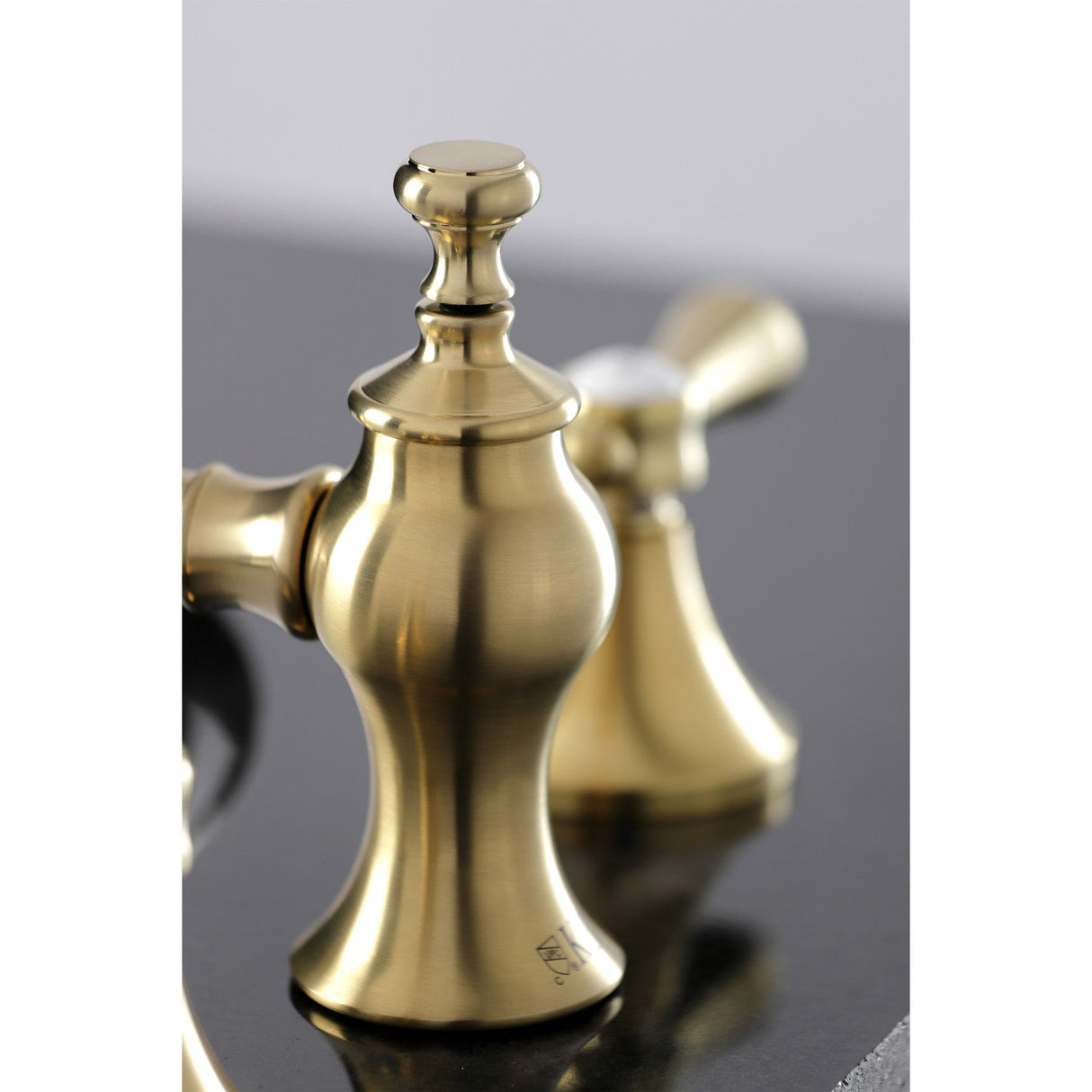 Heirloom KC7067BAL Two-Handle 3-Hole Deck Mount Widespread Bathroom Faucet with Brass Pop-Up, Brushed Brass