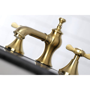 Essex KC7067BEX Two-Handle 3-Hole Deck Mount Widespread Bathroom Faucet with Brass Pop-Up, Brushed Brass
