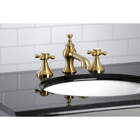 English Country KC7067BX Two-Handle 3-Hole Deck Mount Widespread Bathroom Faucet with Brass Pop-Up, Brushed Brass