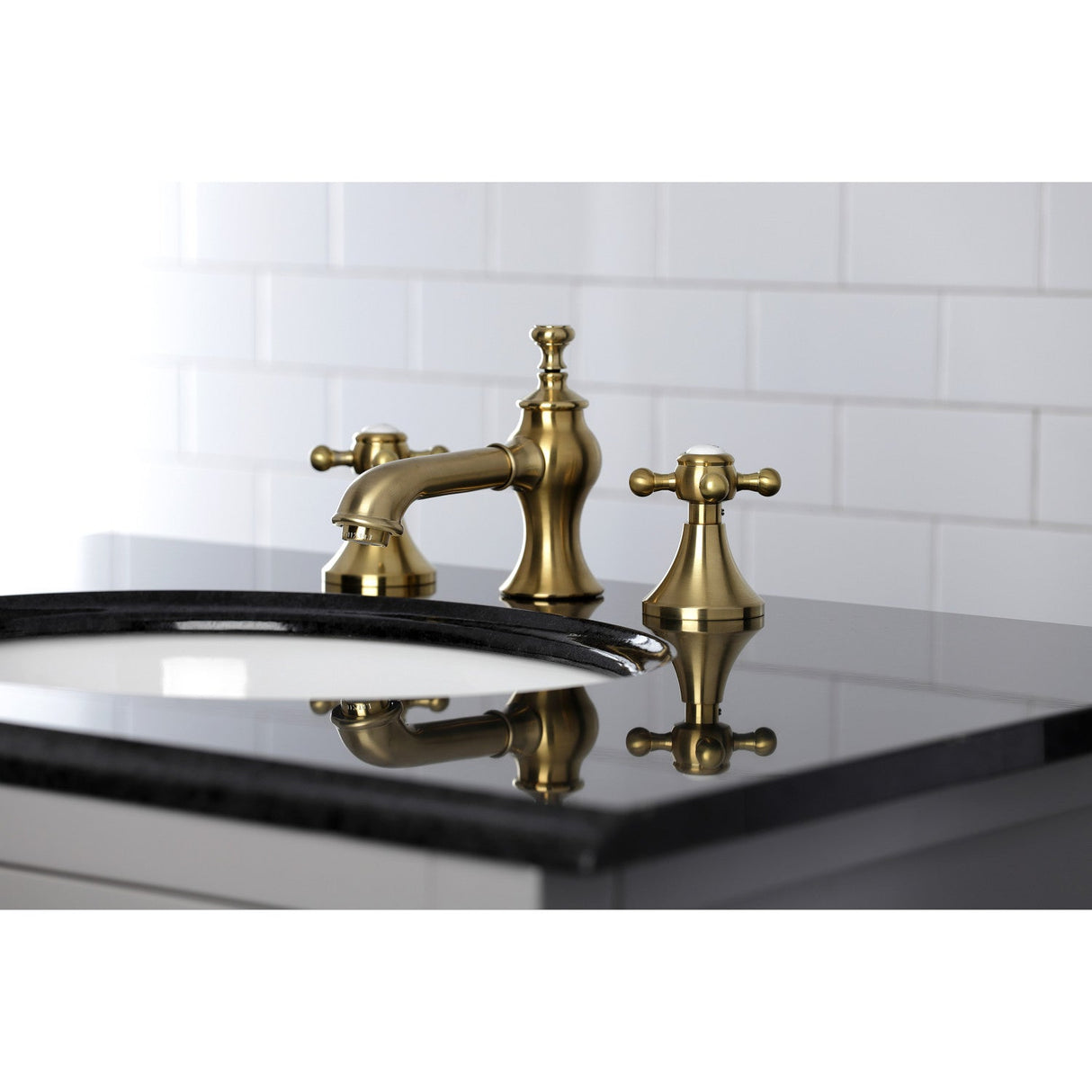 English Country KC7067BX Two-Handle 3-Hole Deck Mount Widespread Bathroom Faucet with Brass Pop-Up, Brushed Brass