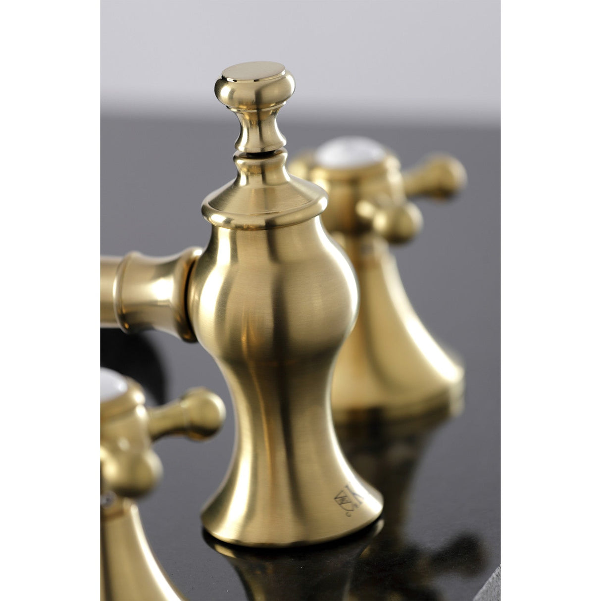 English Country KC7067BX Two-Handle 3-Hole Deck Mount Widespread Bathroom Faucet with Brass Pop-Up, Brushed Brass